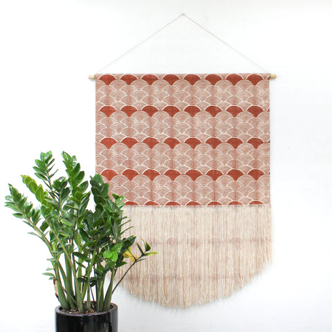 Scallop Block Print Fringe Wall Hanging in Burnt Orange 33 x 42 inches