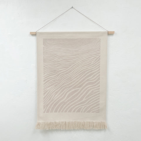 Sand Dune Block Print Fringe Wall Hanging with Border in Taupe