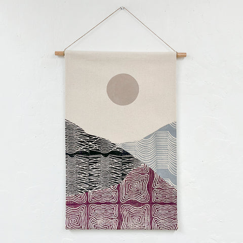 Small Patchwork Landscape Wall Hanging in Grey, Black and Purple