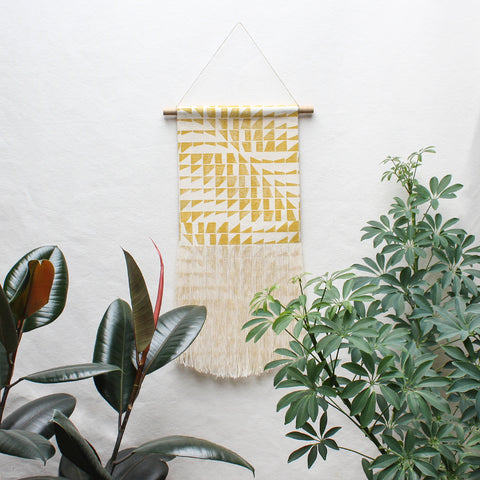 Angle Wave Block Print Fringe Wall Hanging in Yellow