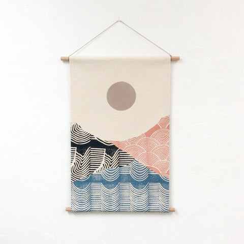 Small Black, Blue, Terra Patchwork Landscape Wall Hanging