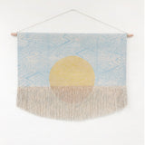 Flame Block Print Wall Hanging in Blue with Painted Gold Circle