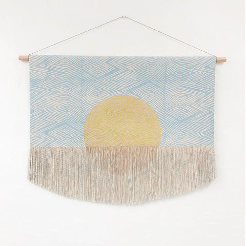 Flame Block Print Wall Hanging in Blue with Painted Gold Circle