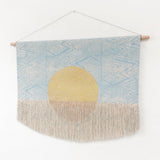 Flame Block Print Wall Hanging in Blue with Painted Gold Circle