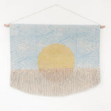 Flame Block Print Wall Hanging in Blue with Painted Gold Circle
