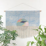 Flame Block Print Wall Hanging in Blue with Painted Circle in Gold, Green, Pink and Blue