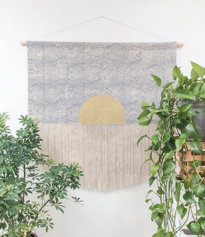 Large Flame Block Print Wall Hanging in Grey with Painted Gold Circle