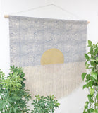 Large Flame Block Print Wall Hanging in Grey with Painted Gold Circle