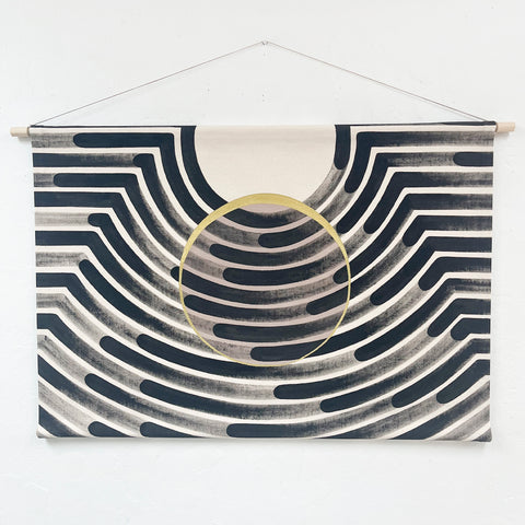 Painted Wave with Taupe Circle and Gold Eclipse Faux Headboard Wall Hanging
