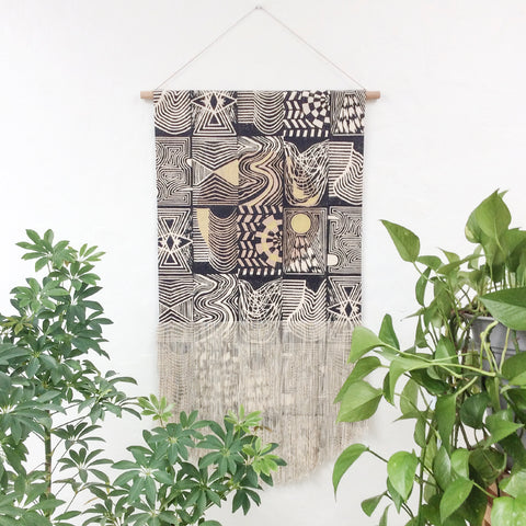 Patchwork Wall Hanging in Black with Circle and Gold