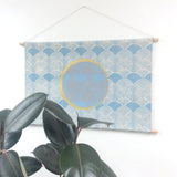 Scallop Block Print Wall Hanging in Blue with Painted Gold Eclipse